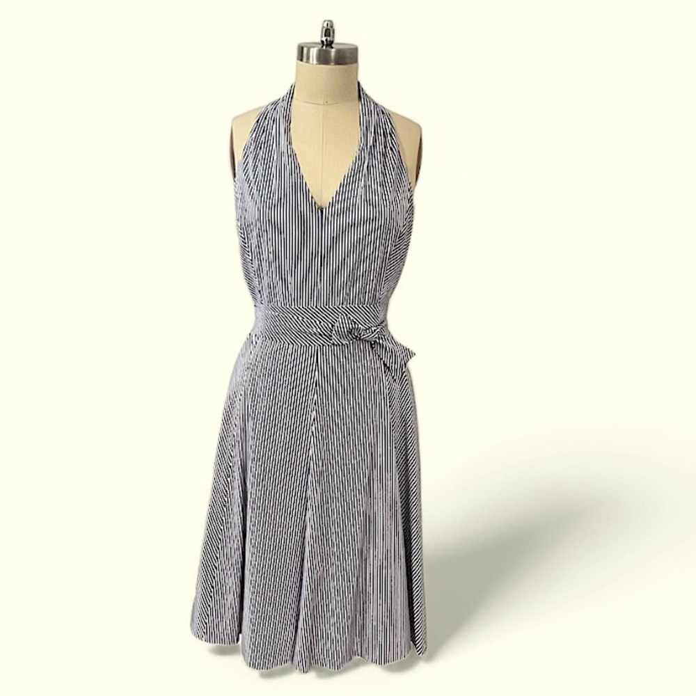 Blue and white racerback pinstriped sundress, full skirt belted tie waist